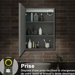 AICA Sanitaire Armoire de toilette avec Miroir LED Anti-Buée, Éclairage 3 Couleurs et Prise Rasoir, Anthracite, 60x70 cm,