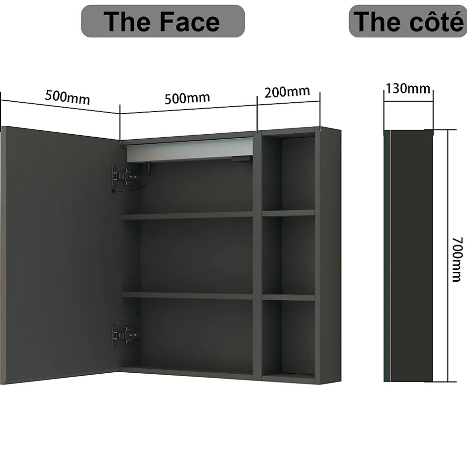 AICA Sanitaire Armoire de toilette avec Miroir LED et Étagère Latérale, Anti-Buée, Éclairage 3 Couleurs + Prise, Anthracite 70x70 cm
