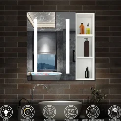 AICA Sanitaire Armoire de toilette avec Miroir LED et Étagère Latérale, Anti-Buée, Éclairage 3 Couleurs + Prise, Blanc 60x70 cm