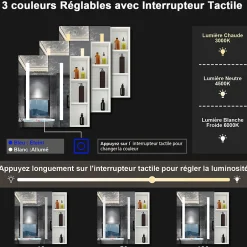 AICA Sanitaire Armoire de toilette avec Miroir LED et Étagère Latérale, Anti-Buée, Éclairage 3 Couleurs + Prise, Blanc 60x70 cm