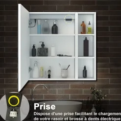 AICA Sanitaire Armoire de toilette avec Miroir LED et Étagère Latérale, Anti-Buée, Éclairage 3 Couleurs + Prise, Blanc 60x70 cm