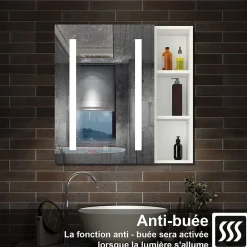 AICA Sanitaire Armoire de toilette avec Miroir LED et Étagère Latérale, Anti-Buée, Éclairage 3 Couleurs + Prise, Blanc 60x70 cm