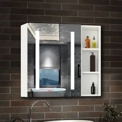 AICA Sanitaire Armoire de toilette avec Miroir LED et Étagère Latérale, Anti-Buée, Éclairage 3 Couleurs + Prise, Blanc 60x70 cm