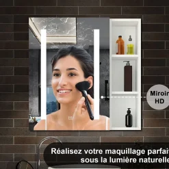 AICA Sanitaire Armoire de toilette avec Miroir LED et Étagère Latérale, Anti-Buée, Éclairage 3 Couleurs + Prise, Blanc 60x70 cm