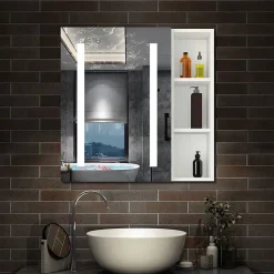 AICA Sanitaire Armoire de toilette avec Miroir LED et Étagère Latérale, Anti-Buée, Éclairage 3 Couleurs + Prise, Blanc 80x70 cm