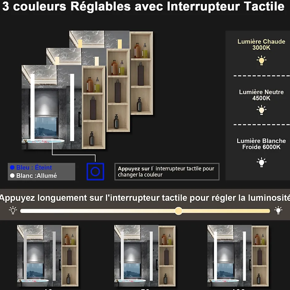 AICA Sanitaire Armoire de toilette avec Miroir LED et Étagère Latérale, Anti-Buée, Éclairage 3 Couleurs + Prise, Chêne 60x70 cm
