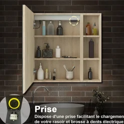 AICA Sanitaire Armoire de toilette avec Miroir LED et Étagère Latérale, Anti-Buée, Éclairage 3 Couleurs + Prise, Chêne 60x70 cm