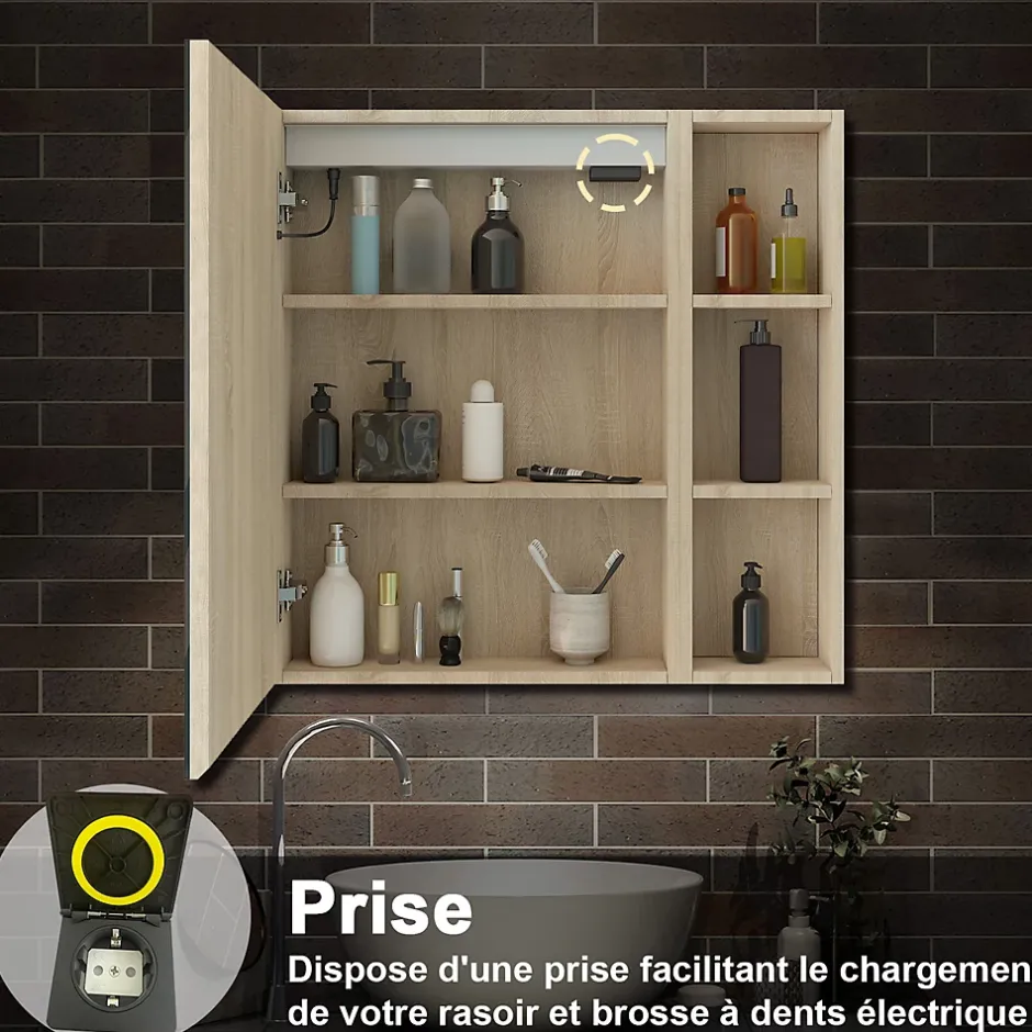 AICA Sanitaire Armoire de toilette avec Miroir LED et Étagère Latérale, Anti-Buée, Éclairage 3 Couleurs + Prise, Chêne 60x70 cm