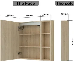 AICA Sanitaire Armoire de toilette avec Miroir LED et Étagère Latérale, Anti-Buée, Éclairage 3 Couleurs + Prise, Chêne 60x70 cm