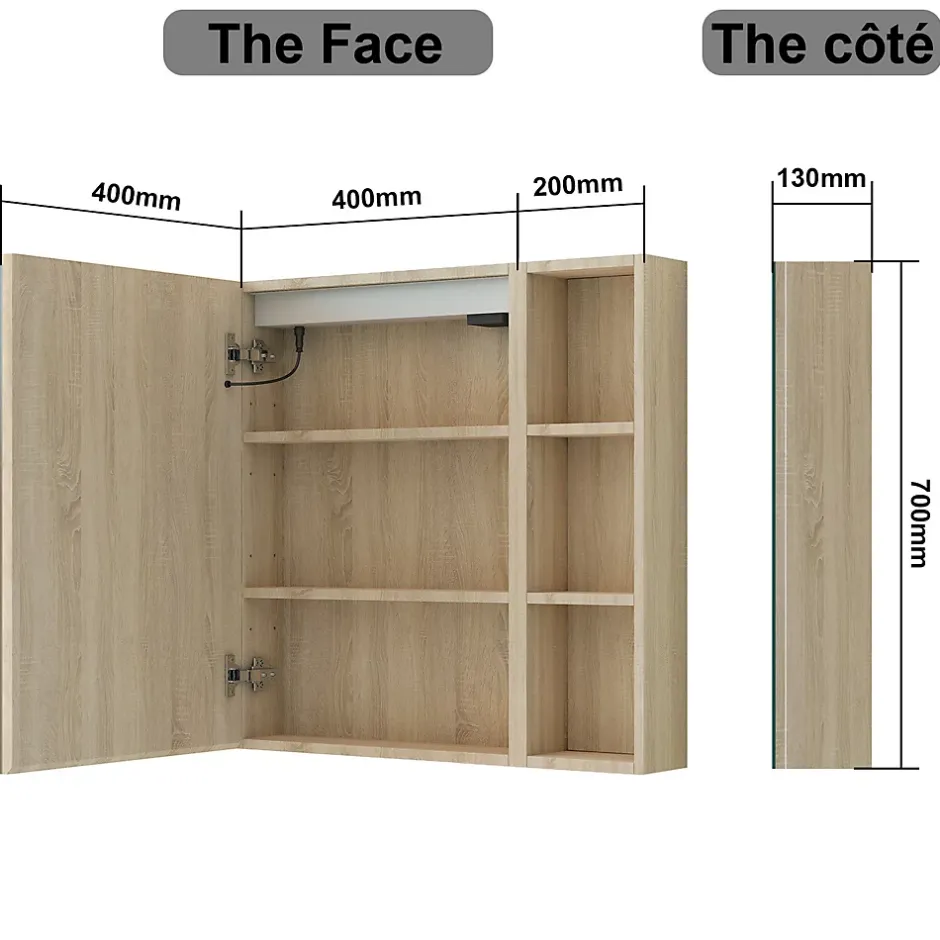 AICA Sanitaire Armoire de toilette avec Miroir LED et Étagère Latérale, Anti-Buée, Éclairage 3 Couleurs + Prise, Chêne 60x70 cm