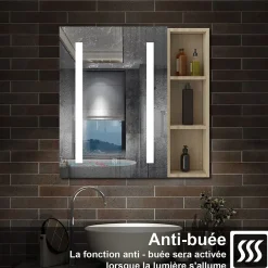 AICA Sanitaire Armoire de toilette avec Miroir LED et Étagère Latérale, Anti-Buée, Éclairage 3 Couleurs + Prise, Chêne 60x70 cm
