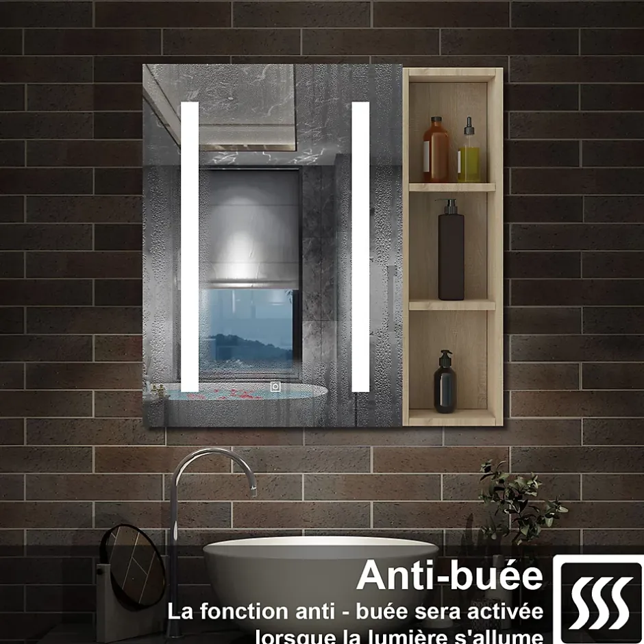 AICA Sanitaire Armoire de toilette avec Miroir LED et Étagère Latérale, Anti-Buée, Éclairage 3 Couleurs + Prise, Chêne 60x70 cm