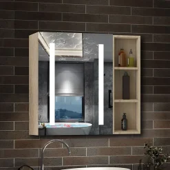 AICA Sanitaire Armoire de toilette avec Miroir LED et Étagère Latérale, Anti-Buée, Éclairage 3 Couleurs + Prise, Chêne 60x70 cm