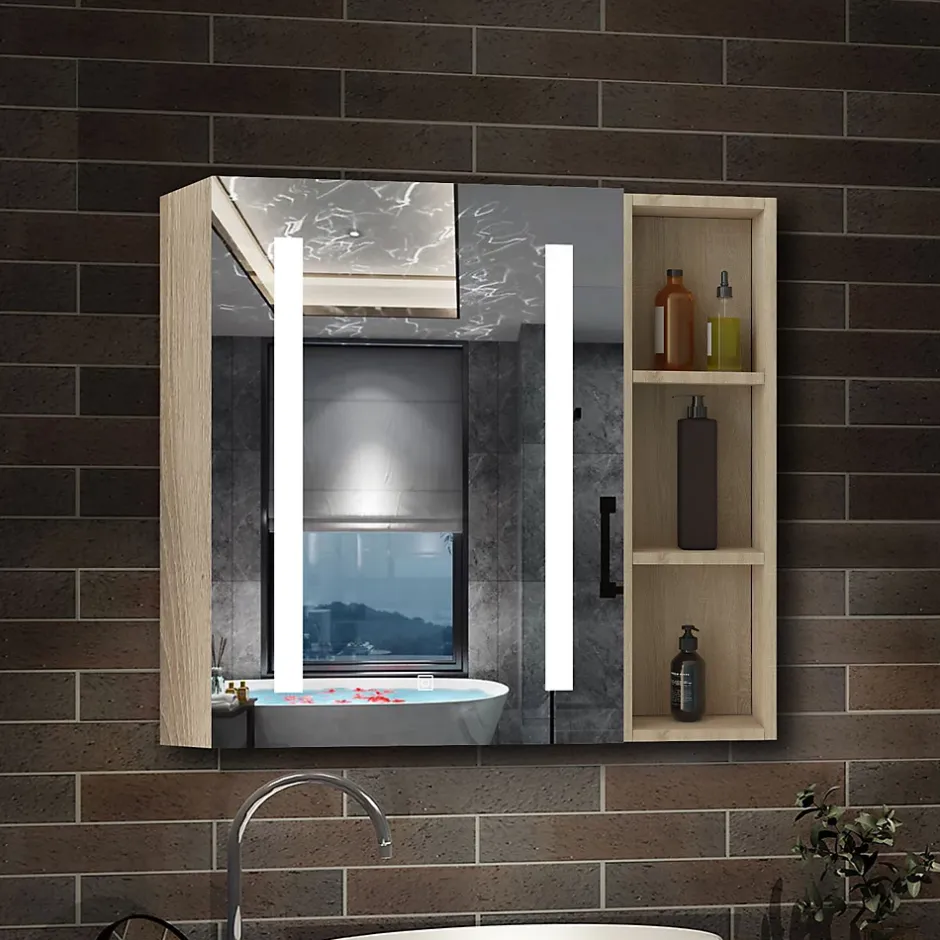 AICA Sanitaire Armoire de toilette avec Miroir LED et Étagère Latérale, Anti-Buée, Éclairage 3 Couleurs + Prise, Chêne 60x70 cm