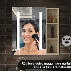 AICA Sanitaire Armoire de toilette avec Miroir LED et Étagère Latérale, Anti-Buée, Éclairage 3 Couleurs + Prise, Chêne 60x70 cm