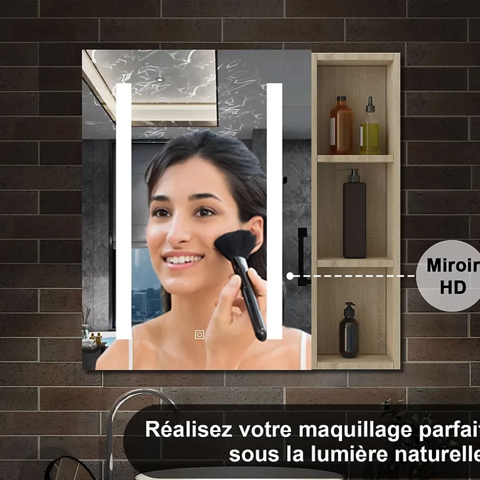 AICA Sanitaire Armoire de toilette avec Miroir LED et Étagère Latérale, Anti-Buée, Éclairage 3 Couleurs + Prise, Chêne 60x70 cm
