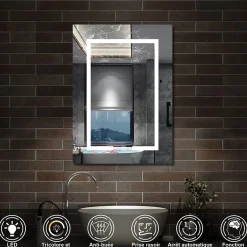 AICA Sanitaire Armoire de toilette avec Miroir LED Anti-Buée, Anthracite 50x70 cm, Éclairage 3 Couleurs et Prise Rasoir,* Armoire De Toilette