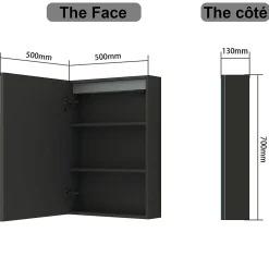 AICA Sanitaire Armoire de toilette avec Miroir LED Anti-Buée, Anthracite 50x70 cm, Éclairage 3 Couleurs et Prise Rasoir,* Armoire De Toilette