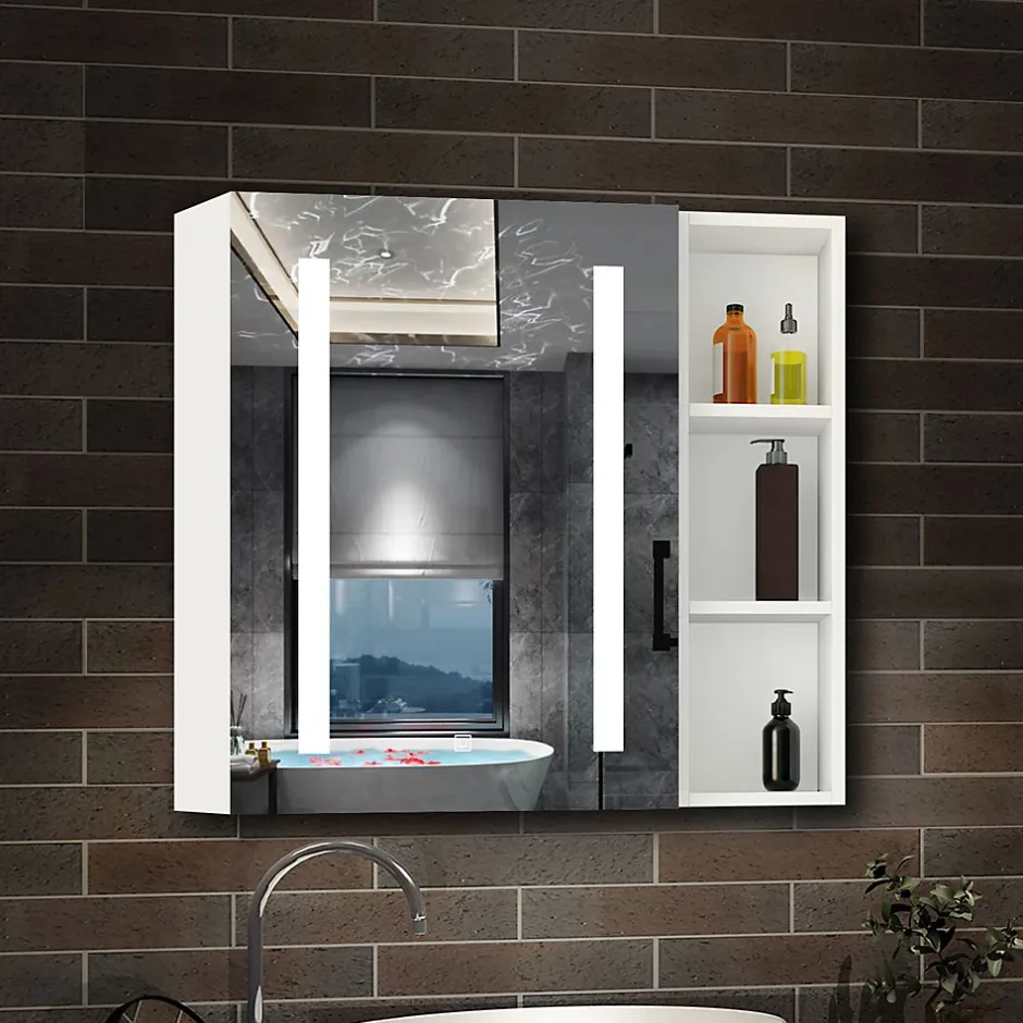 AICA Sanitaire Armoire de toilette avec Miroir LED et Étagère Latérale, Anti-Buée, Éclairage 3 Couleurs + Prise, Blanc 70x70 cm