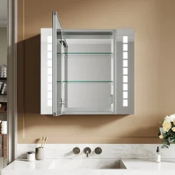 Sirhona Armoire de toilette en aluminium LED 650 x 600 x 130mm Meuble de rangement pour salle de bain Smart Interrupteurs tactiles* Meuble De Salle De Bains Faible Profondeur|Armoire De Toilette