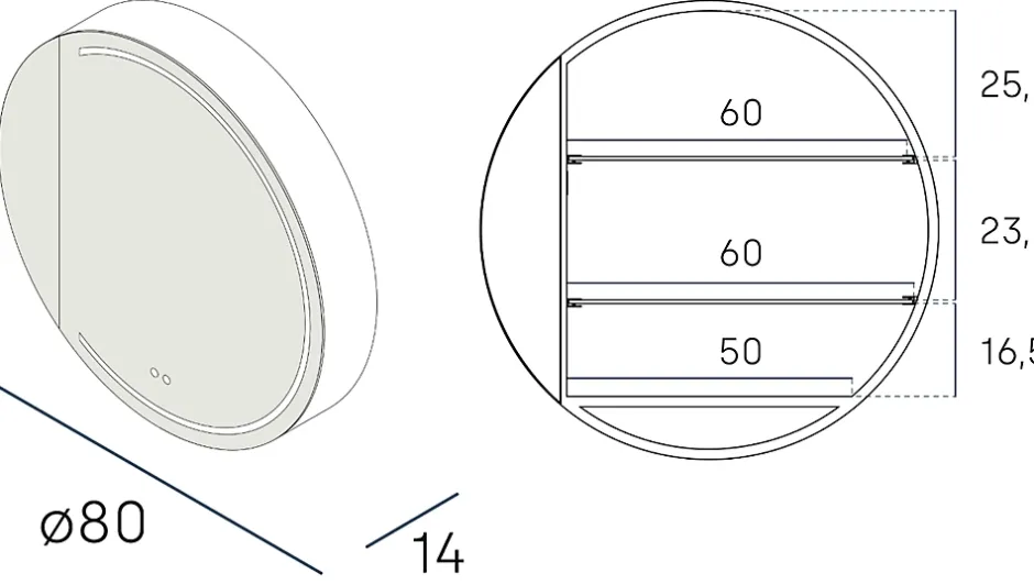 Poalgi Armoire de toilette LED aluminium MANILLONS 1p miroir diamètre 80 cm P. 14 cm - Nox