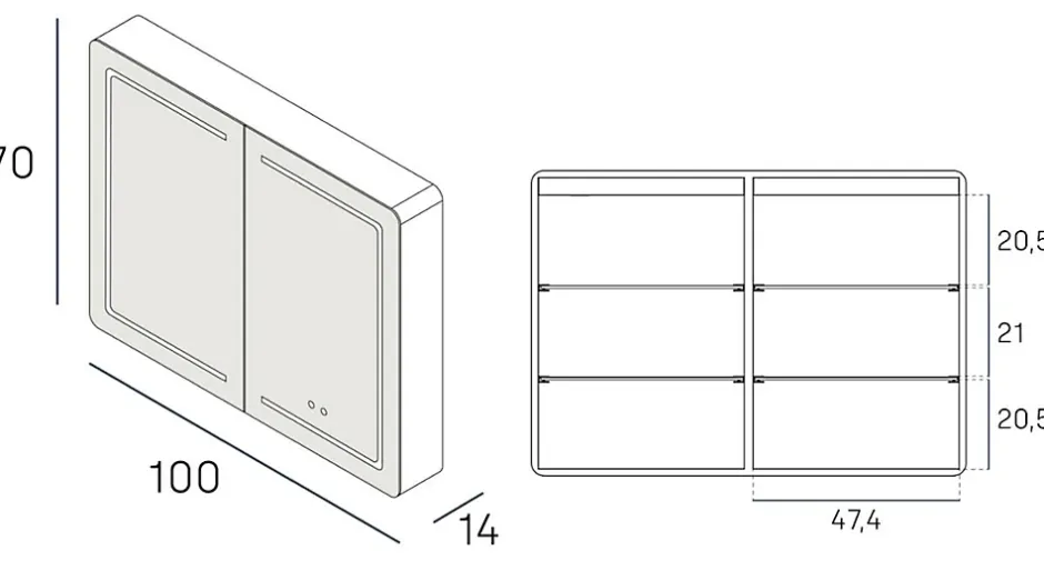 Poalgi Armoire de toilette LED aluminium MANILLONS 2p miroir l. 100 cm H. 70 cm P. 14 cm - Gan