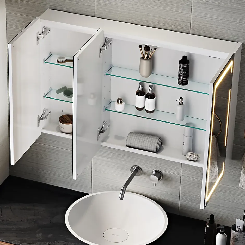Sirhona Armoire de toilette LED Blanc 90x60cm avec 3 porte Miroir de salle de bain avec armoire de rangement