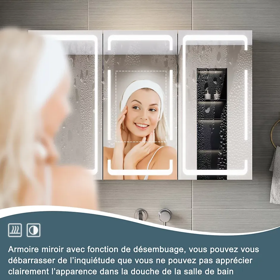 Sirhona Armoire de toilette LED Blanc 90x60cm avec 3 porte Miroir de salle de bain avec armoire de rangement