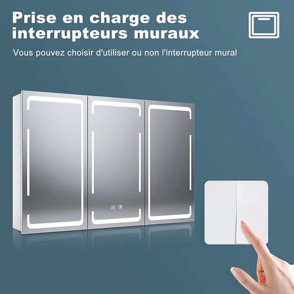 Sirhona Armoire de toilette LED Blanc 90x60cm avec 3 porte Miroir de salle de bain avec armoire de rangement