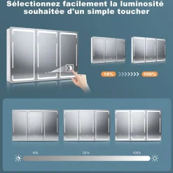 Sirhona Armoire de toilette LED Blanc 90x60cm avec 3 porte Miroir de salle de bain avec armoire de rangement