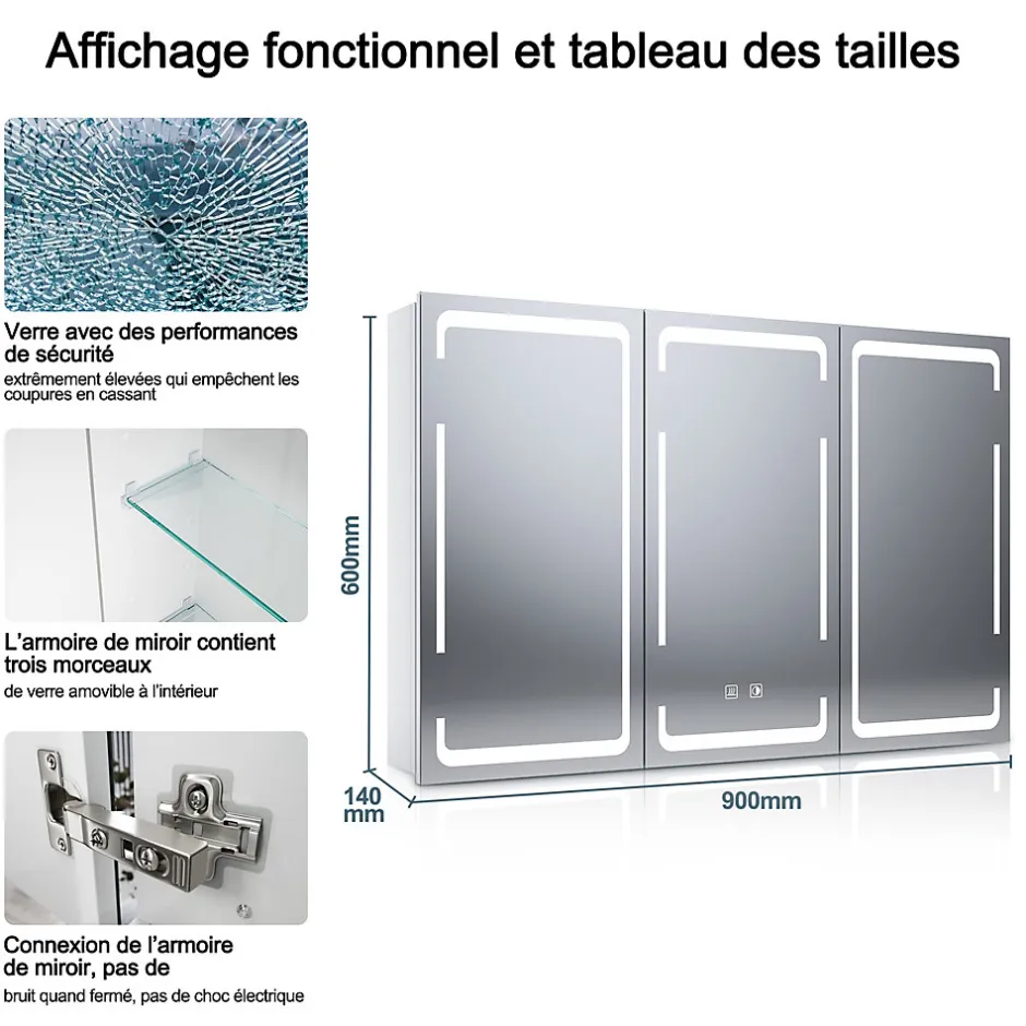 Sirhona Armoire de toilette LED Blanc 90x60cm avec 3 porte Miroir de salle de bain avec armoire de rangement