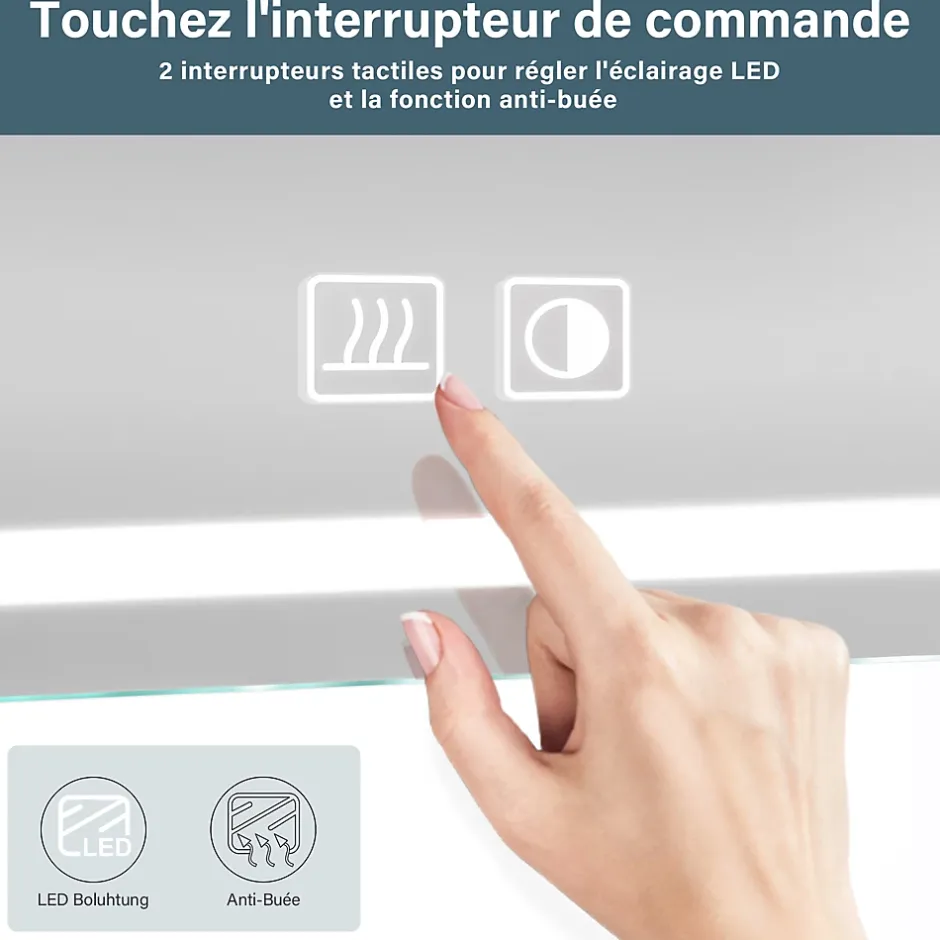 Sirhona Armoire de toilette LED en aluminium 700 x 500 x 133mm Smart Bathroom Storage Cabinet Interrupteurs tactiles* Meuble De Salle De Bains Faible Profondeur|Armoire De Toilette