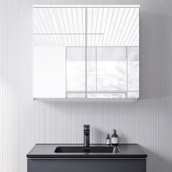 Bernstein Armoire de toilette MFC 2 portes miroirs, éclairage LED, prise de courant intérieure + 2 tablettes verre, 80x71x19cm (LxHxP), VARO
