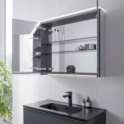 Bernstein Armoire de toilette MFC 2 portes miroirs, éclairage LED, prise de courant intérieure + 2 tablettes verre, 80x71x19cm (LxHxP), VARO