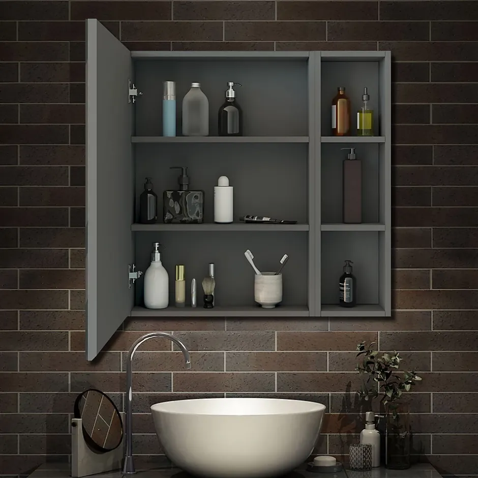 AICA Sanitaire Armoire de Toilette Mural avec Miroir Niches Intégrées et Rangement Fermé - Moderne, Anthracite, 80x70 cm,* Armoire De Toilette