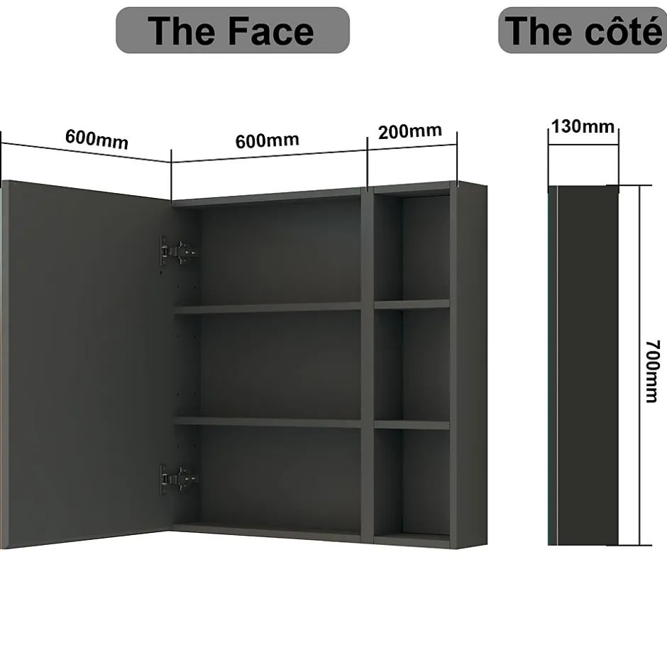 AICA Sanitaire Armoire de Toilette Mural avec Miroir Niches Intégrées et Rangement Fermé - Moderne, Anthracite, 80x70 cm,* Armoire De Toilette