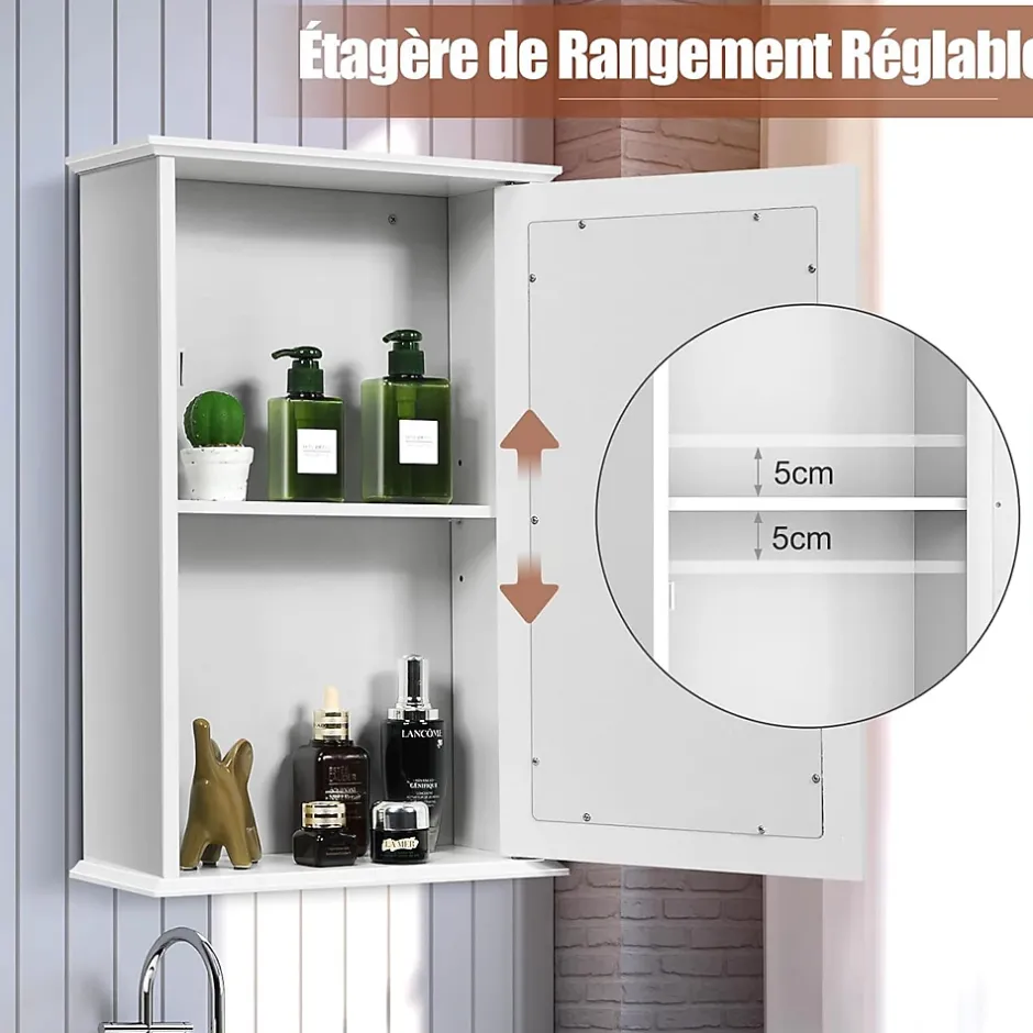 Giantex Armoire de Toilette Murale Meuble Mural Salle de Bain en MDF Pente NC avec 1 Porte et Miroir Etagere de Rangement Blanche