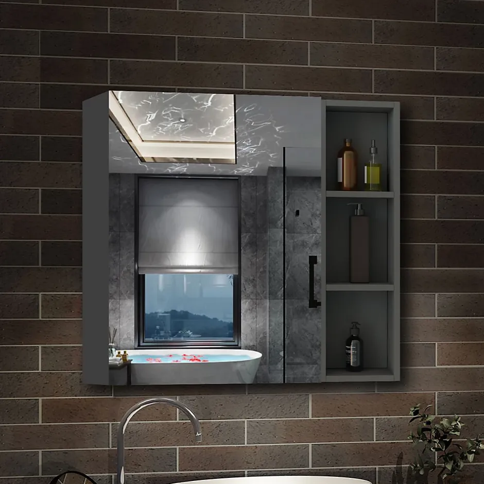 AICA Sanitaire Armoire de Toilette Mural avec Miroir Niches Intégrées et Rangement Fermé - Moderne, Anthracite, 60x70 cm,* Armoire De Toilette