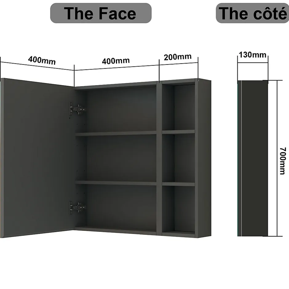 AICA Sanitaire Armoire de Toilette Mural avec Miroir Niches Intégrées et Rangement Fermé - Moderne, Anthracite, 60x70 cm,* Armoire De Toilette