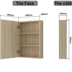 AICA Sanitaire Armoire de Toilette Mural avec Miroir et Rangement - Moderne, Chêne, 50x70 cm,