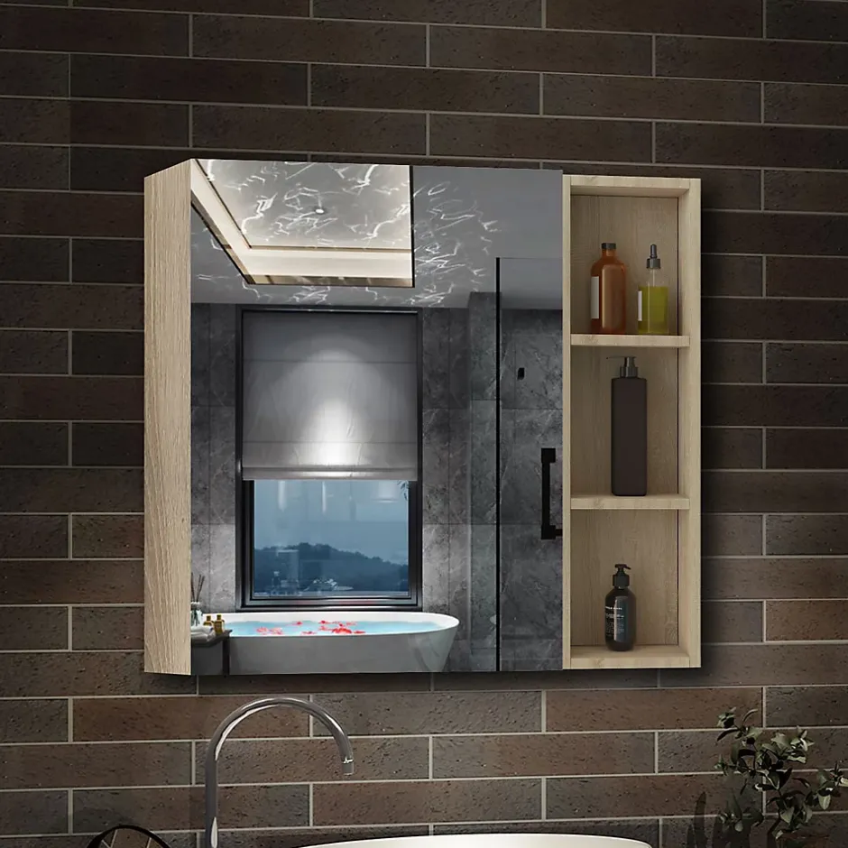 AICA Sanitaire Armoire de Toilette Mural avec Miroir Niches Intégrées et Rangement Fermé - Moderne,Chêne, 70x70 cm,* Armoire De Toilette