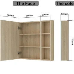 AICA Sanitaire Armoire de Toilette Mural avec Miroir Niches Intégrées et Rangement Fermé - Moderne,Chêne, 70x70 cm,* Armoire De Toilette