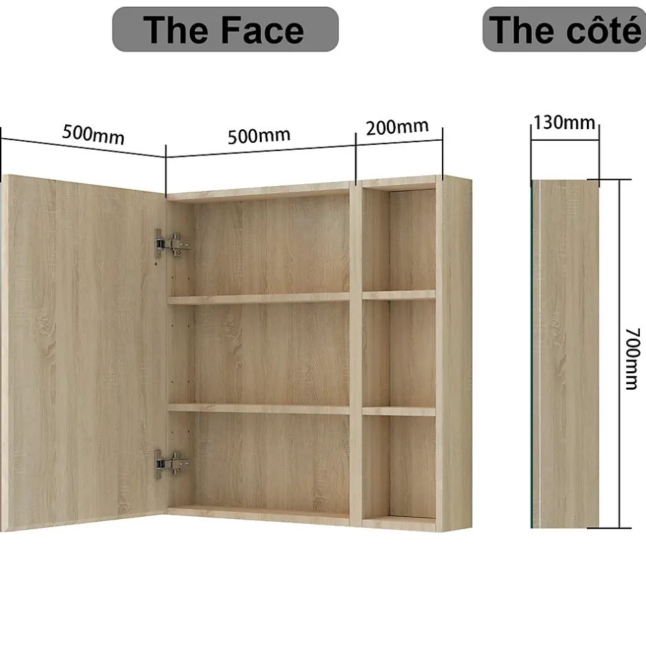 AICA Sanitaire Armoire de Toilette Mural avec Miroir Niches Intégrées et Rangement Fermé - Moderne,Chêne, 70x70 cm,* Armoire De Toilette