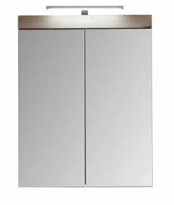 Chb Collection Armoire de toilette murale mélaminé avec bandeau lumineux blanc/chêne - 2 portes miroir. L - H - P : 60 - 77 - 17 cm