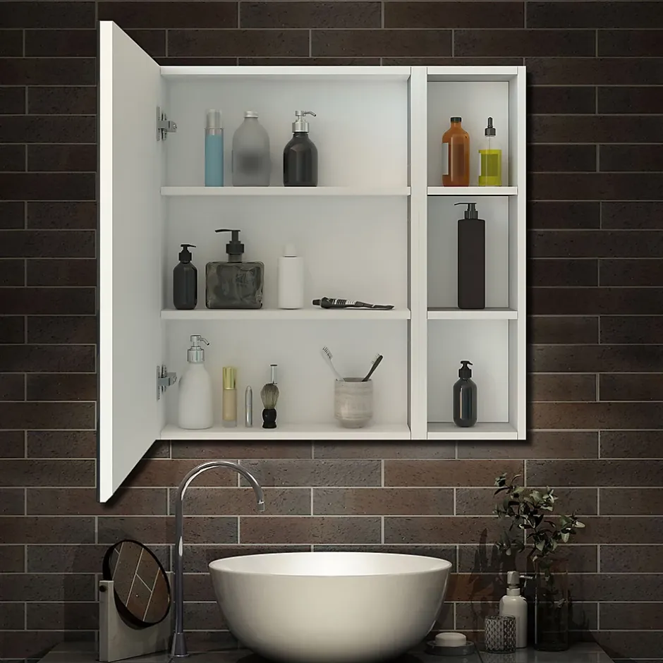 AICA Sanitaire Armoire de Toilette Mural avec Miroir Niches Intégrées et Rangement Fermé - Moderne, Blanc, 80x70 cm,