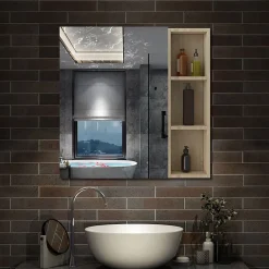 AICA Sanitaire Armoire de Toilette Mural avec Miroir Niches Intégrées et Rangement Fermé - Moderne,Chêne, 80x70 cm,* Armoire De Toilette