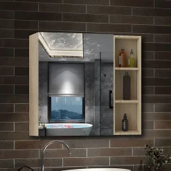 AICA Sanitaire Armoire de Toilette Mural avec Miroir Niches Intégrées et Rangement Fermé - Moderne,Chêne, 80x70 cm,* Armoire De Toilette