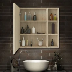 AICA Sanitaire Armoire de Toilette Mural avec Miroir Niches Intégrées et Rangement Fermé - Moderne,Chêne, 60x70 cm,
