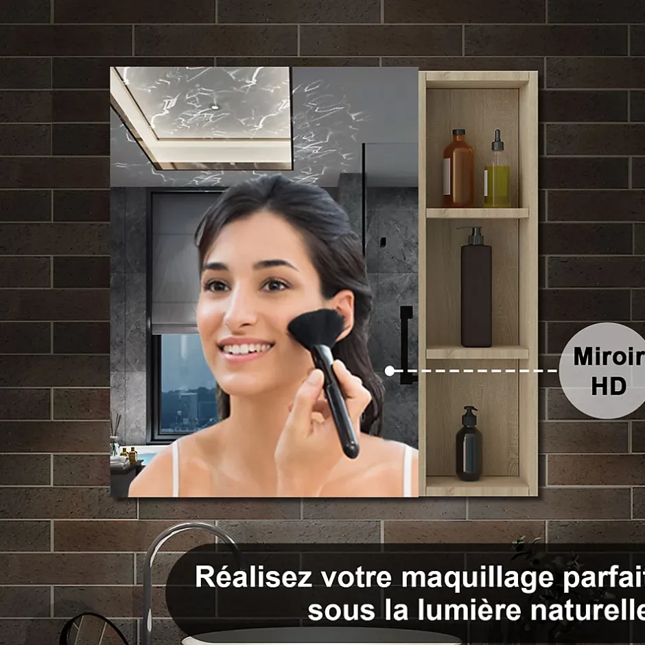 AICA Sanitaire Armoire de Toilette Mural avec Miroir Niches Intégrées et Rangement Fermé - Moderne,Chêne, 60x70 cm,