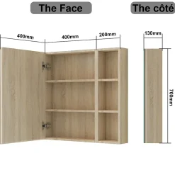 AICA Sanitaire Armoire de Toilette Mural avec Miroir Niches Intégrées et Rangement Fermé - Moderne,Chêne, 60x70 cm,